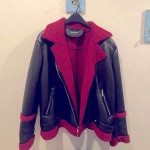 Unique Black MOTO jacket with red shearling trim
